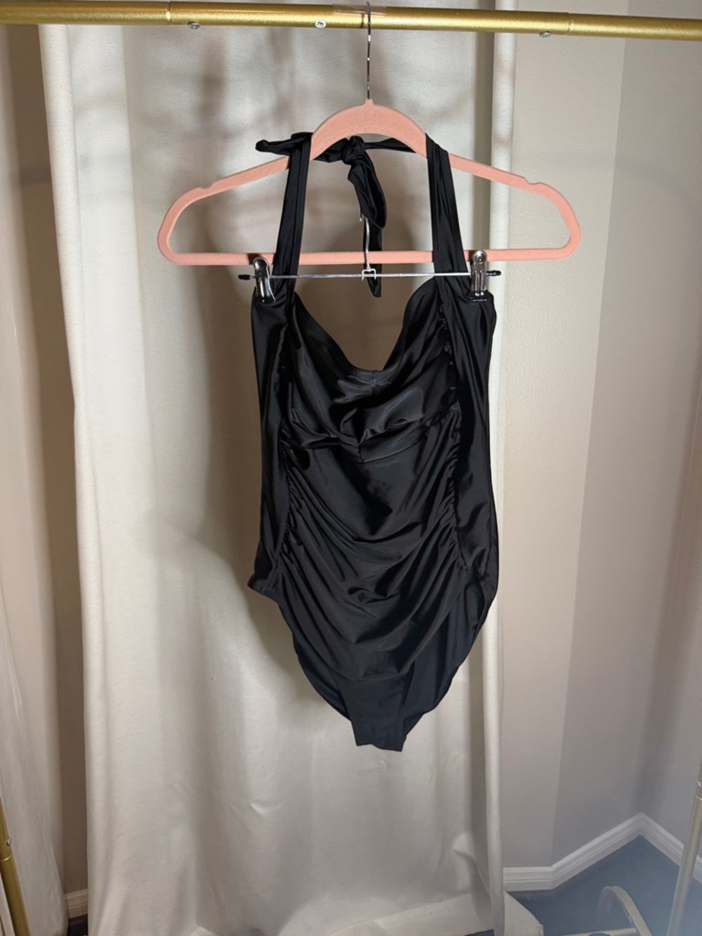 Classic Black Halter One-Piece Swimsuit with Ruching